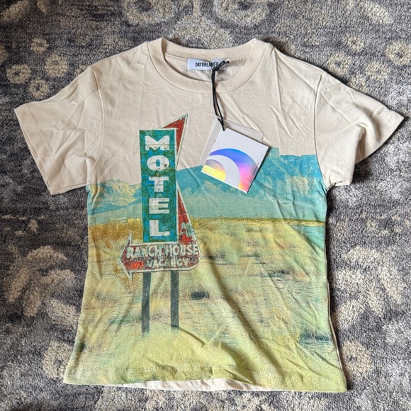 Daydreamer Tops - NWT Daydreamer Cream Motel Graphic Tee with Vibrant Design